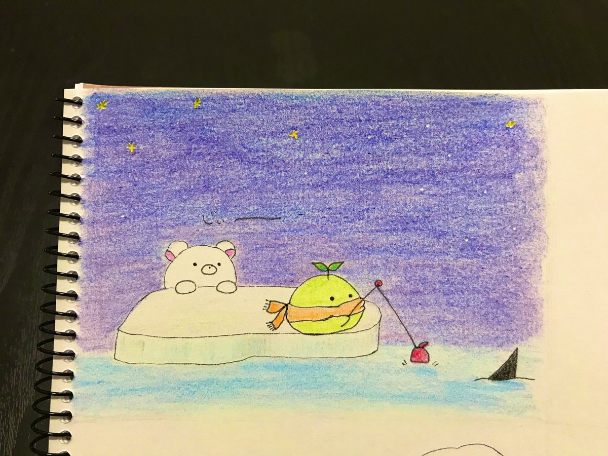 おくまる 今日は北極の日だそうです 北極で夜釣り中のこけまる 多分 大物が釣れます もしくは 大きな口を開けて飛んでくるでしょう イラスト好きな人と繋がりたい 色鉛筆画 北極の日 こけまる