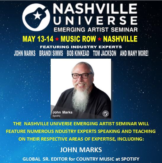 HAVE YOU HEARD? The NASHVILLE UNIVERSE EMERGING ARTIST SEMINAR is MAY 13-14 in the CMA Auditorium on Music Row &amp; will feature MANY entertainment industry experts, such as JOHN MARKS - the Global Sr. Editor for Country Music @ Spotify! REGISTER NOW!
eventbrite.com/e/nashville-un…