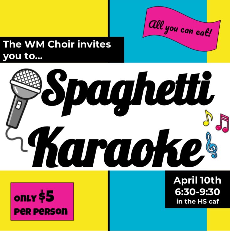 Come out to our Spaghetti Karaoke Night on Wednesday at the High School Cafeteria at 6:30! It’s all you can eat! Everyone is invited to sing! Tickets are $5 at the door