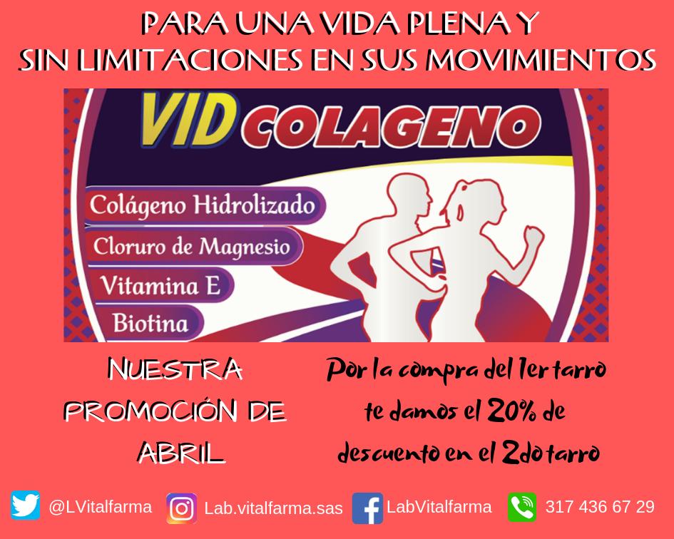 LVitalfarma's tweet photo. Llego nuestra promoción de abril, no te la puedes perder. #VIDCOLAGENO para tener una vida plena y sin limitaciones en los movimientos. Alimento con #MALTODEXTRINA, #COLAGENOhidrolizado, #CLORUROdeMAGNESIO, #VITAMINAe, #BIOTINA, #CRANBERRY, #ISOFLAVONASdeSOYA y #HMB. https://t.co/HBvvXDQKOT