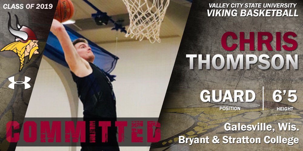 VCSU_MBB's tweet photo. We are excited to an announce the commitment of Chris Thompson! @cthompson1250 is a 6’5 transfer guard from Bryant &amp; Stratton College in WI! Viking fans will get to enjoy watching Chris for the next 3 years. #FutureViking https://t.co/YKfsHSclze