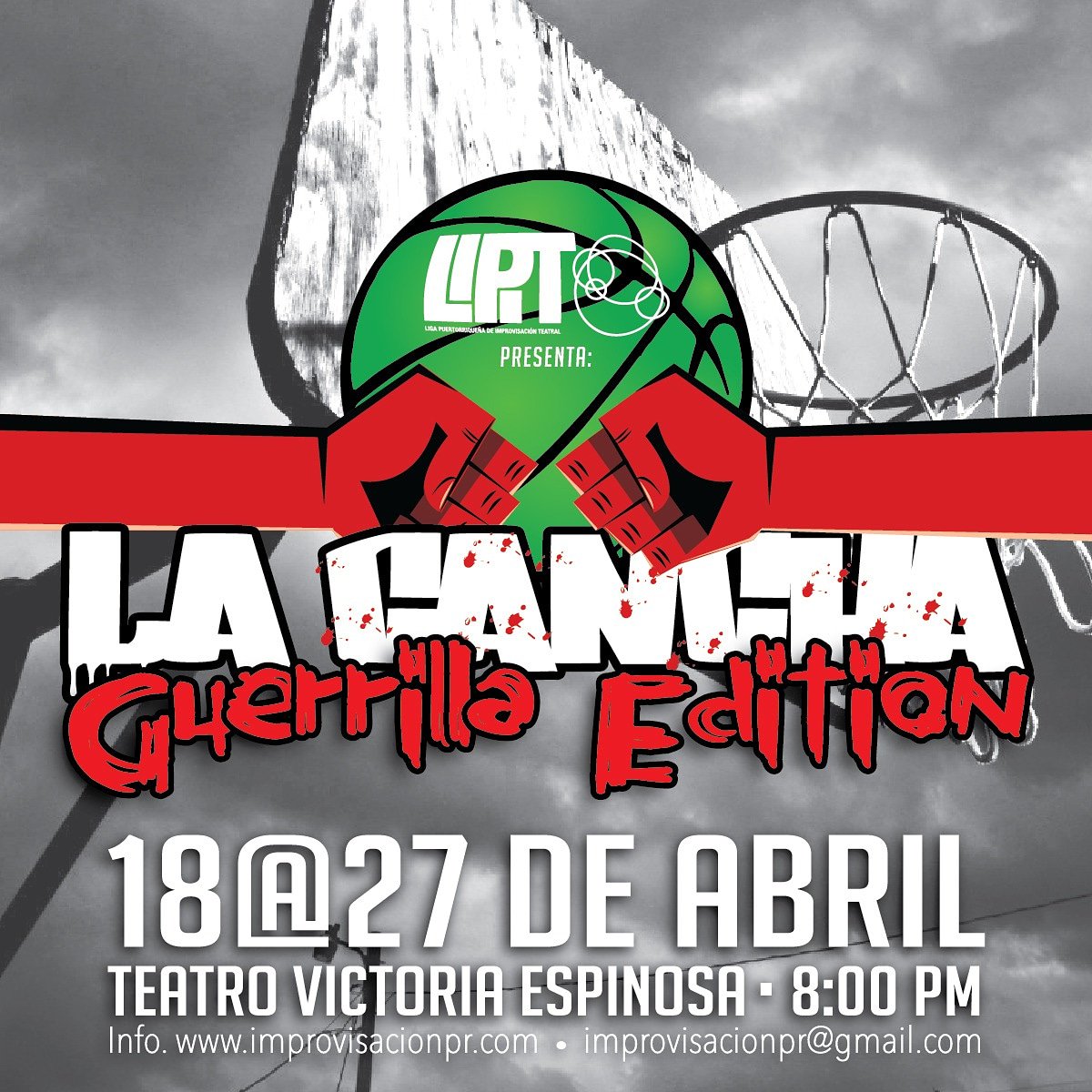 impropr's tweet image. ¡Regresa LA CANCHA! Este año con la participación de ESOEZ, Los Impromiscuos y &quot;un grupo de renegados de la Impro&quot;.
Funciones 18 al 27 de abril de 2019. Fogueos de Taller: 24 y 25 de abril de 2019.
Boletos: ticketerapr.com/lacancha-2019
(paquete de 3 dias/funciones disponible)
