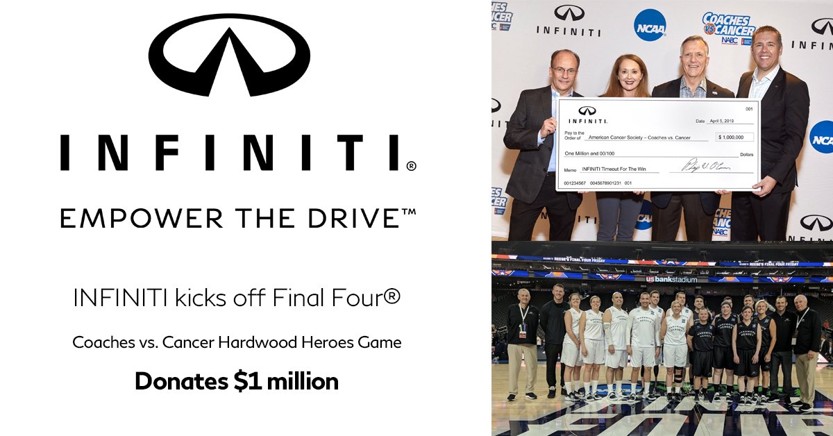 CornwallNissan's tweet photo. As a part of the brand's ongoing partnership with the #NCAA® and #NABC1927, #INFINITI kicks off #FinalFour® with #CoachesvsCancer hardwood heroes game and donates $1 million to the #AmericanCancer Society #TimeOutFTW #INFINITIUSA #INFINITIMOTOR https://t.co/56WGT8DggG https://t.co/2hNnEhfxNJ