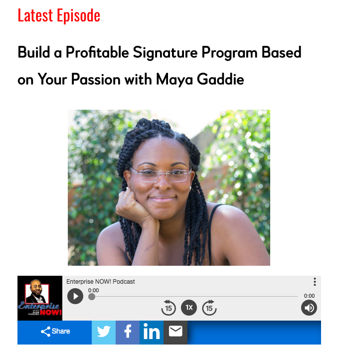 mayagaddie's tweet photo. Had a fun and super smart conversation with Elzie, host of Enterprise Now!, around what it takes to create a profitable signature program based on your passion!

(23:54) Listen in here: Enterprise NOW! Podcast https://t.co/MS0OhJLi5I

#blackwomeninbusiness #businessbydesign https://t.co/KXsuTS59gE