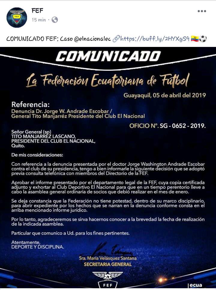 GeNteRojaEc's tweet photo. Un gran paso para el respeto al Estatuto y a los socios de #ElNacional, la @FEFecuador concede tiempo perentorio para que el Gnrl. Manjarrez convoque ASAMBLEA GENERAL ORDINARIA.
Estaremos pendientes de que se cumpla! 
Dr. W. Andrade y nuestro equipo jurídico apelaremos el resto💪 https://t.co/p2UgaZCF4m