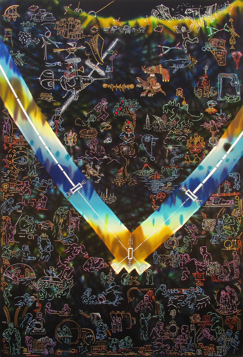 Caltech's tweet image. &quot;I created a large silk painting of the LIGO detectors and all sorts of related scenes, including ancient observatories, noise from earthquakes, and the ghost of a leftover charge from a specialized mirror cleaner.&quot;

Caltech&apos;s Jim Barry discusses one of his paintings. #SoCaltech