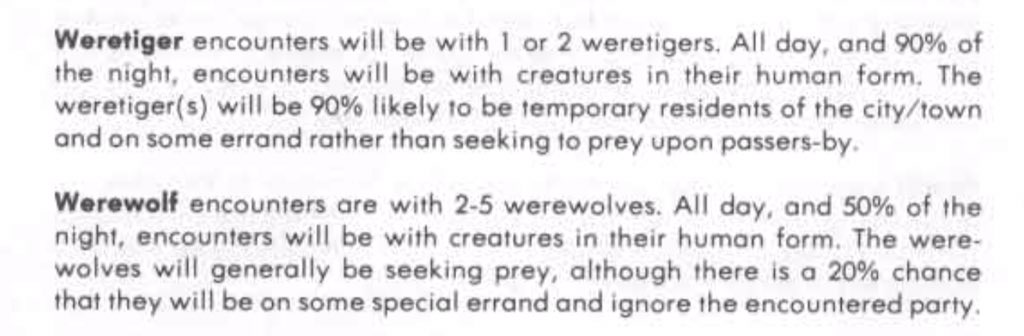 So for approximately 2/3 of the results, violence is only likely if the party invites it. But what about the monsters? Surely they will lead to violence in most cases, and they are a 1/3 of the table. Also, you check for encounters every 1/2 hr.