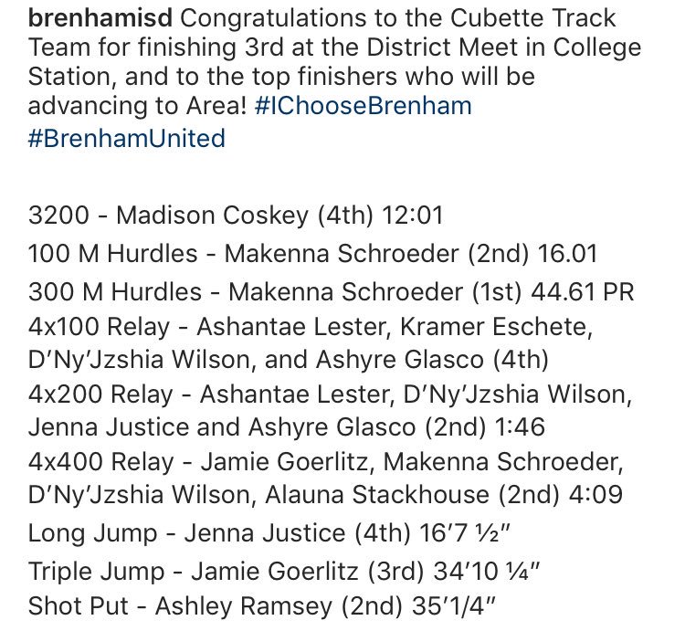 ADismukes16's tweet photo. Thanks for letting me borrow your post @BrenhamISD . I’m just so excited about the success of these young ladies. Go get ’em girls!! 💚 @BrenhamHS Best of luck at Area! https://t.co/GhQoXEQ1OS