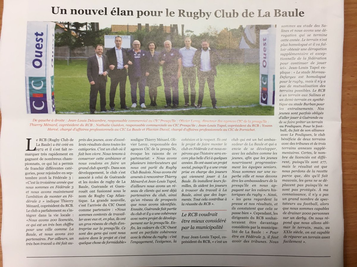 leroy58022322's tweet photo. Le partenariat #CICOuest et du#Rugby Club Baulois à la une dans le journal #LaBaule+ https://t.co/Vc6jUDgaEW
