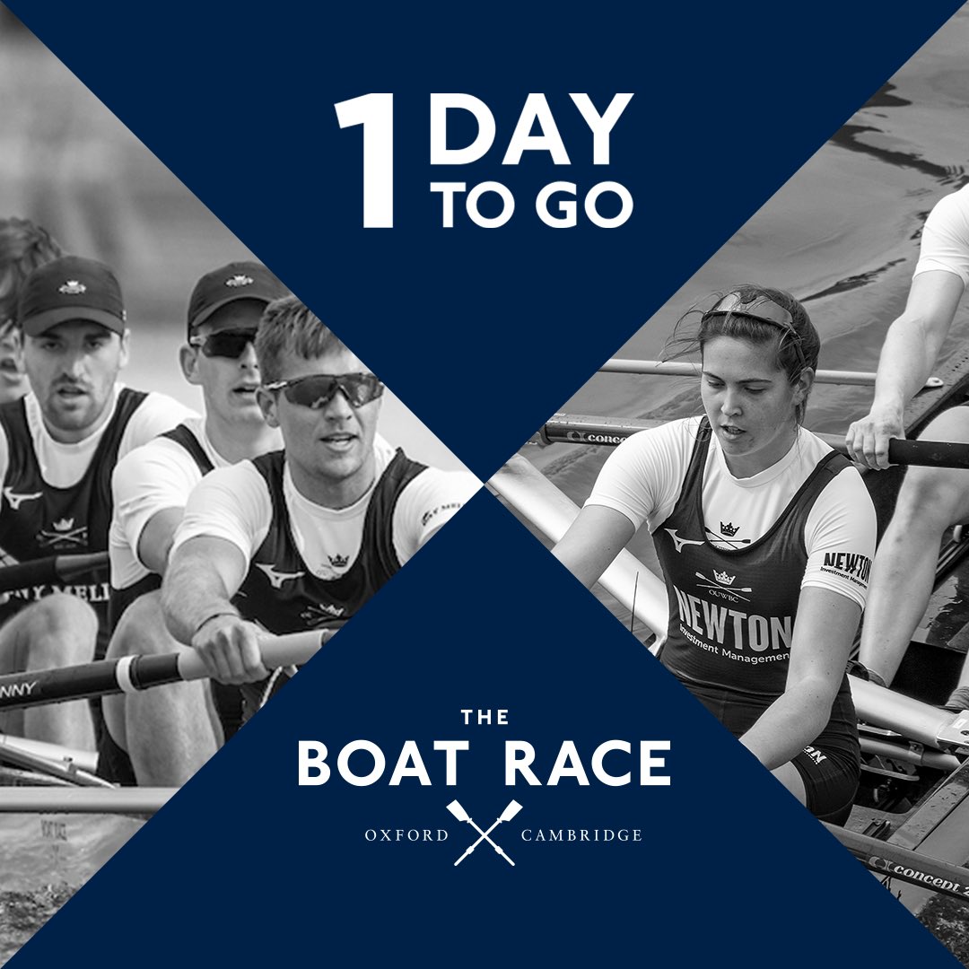 theboatrace's tweet image. 1️⃣ day to go! The countdown is on to #TheBoatRace2019 🙌 #TheBoatRace #Oxford #Cambridge #DarkBlue #LightBlue #wheregreatnessmeets