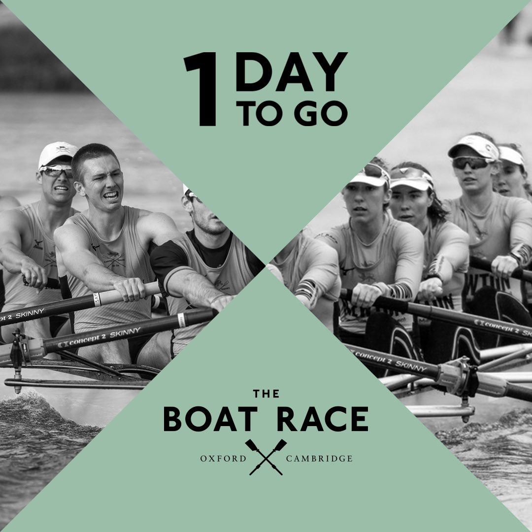 theboatrace's tweet image. 1️⃣ day to go! The countdown is on to #TheBoatRace2019 🙌 #TheBoatRace #Oxford #Cambridge #DarkBlue #LightBlue #wheregreatnessmeets