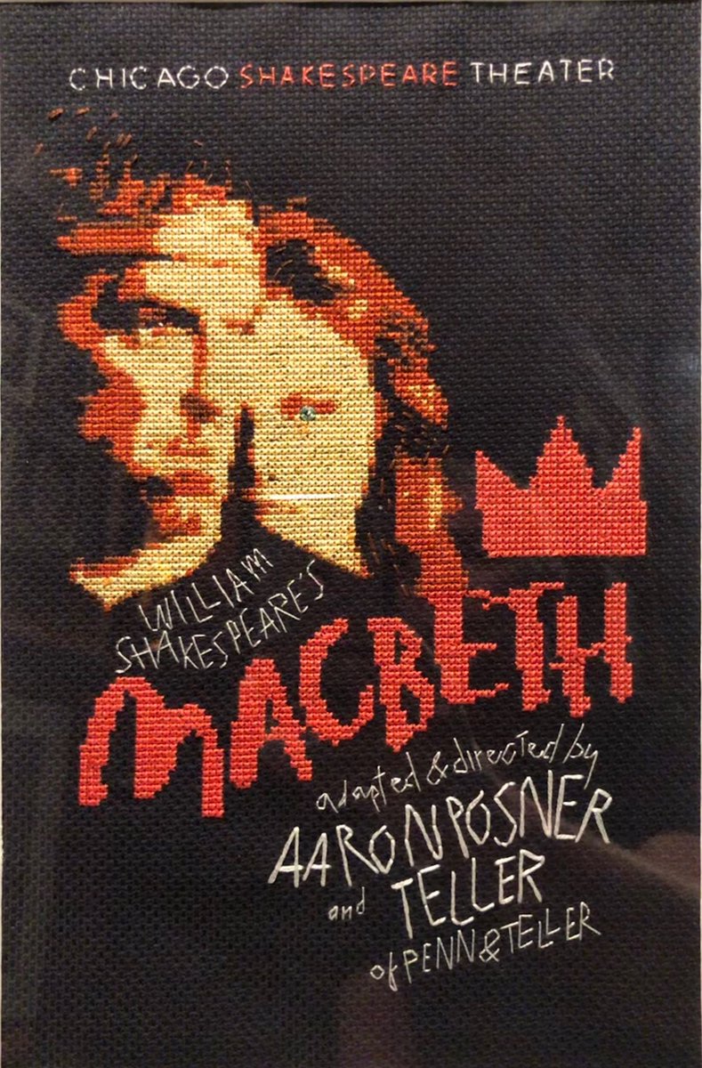 MrTeller's tweet photo. ⁦@ElizabethAWhite⁩ made this exquisite needlework version of our ⁦@chicagoshakes⁩ Macbeth poster as a gift for me. The photo doesn’t do it justice — it’s absolutely perfect in its translation from ink to thread.  Wow.  Thank you. https://t.co/kTFGFpkiMV