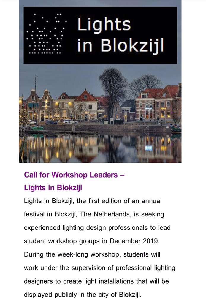 In today’s IALD reflections newsletter; Lights in Blokzijl. 

Call for workshopleaders! 
For more Information: iald.org/Events/Other-E…
