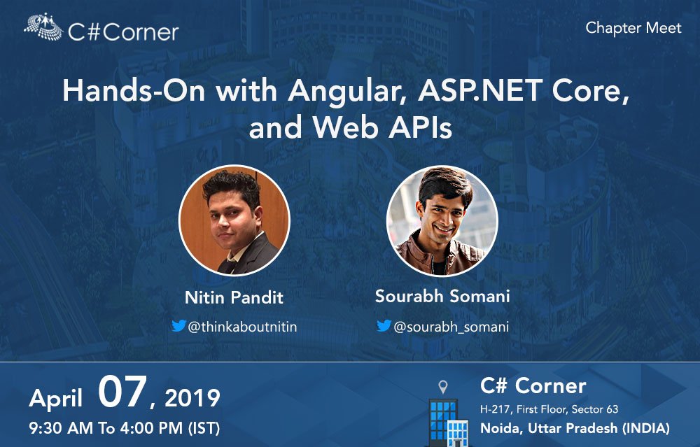 CsharpCorner's tweet image. Hands-on with #Angular, ASP.NET Core, and #WebAPIs by @thinkaboutnitin & @sourabh_somani at @CsharpCorner Noida Chapter Meet! Register now: goo.gl/oek9Wa #AngularApp #ASPNETCore #ASPNET