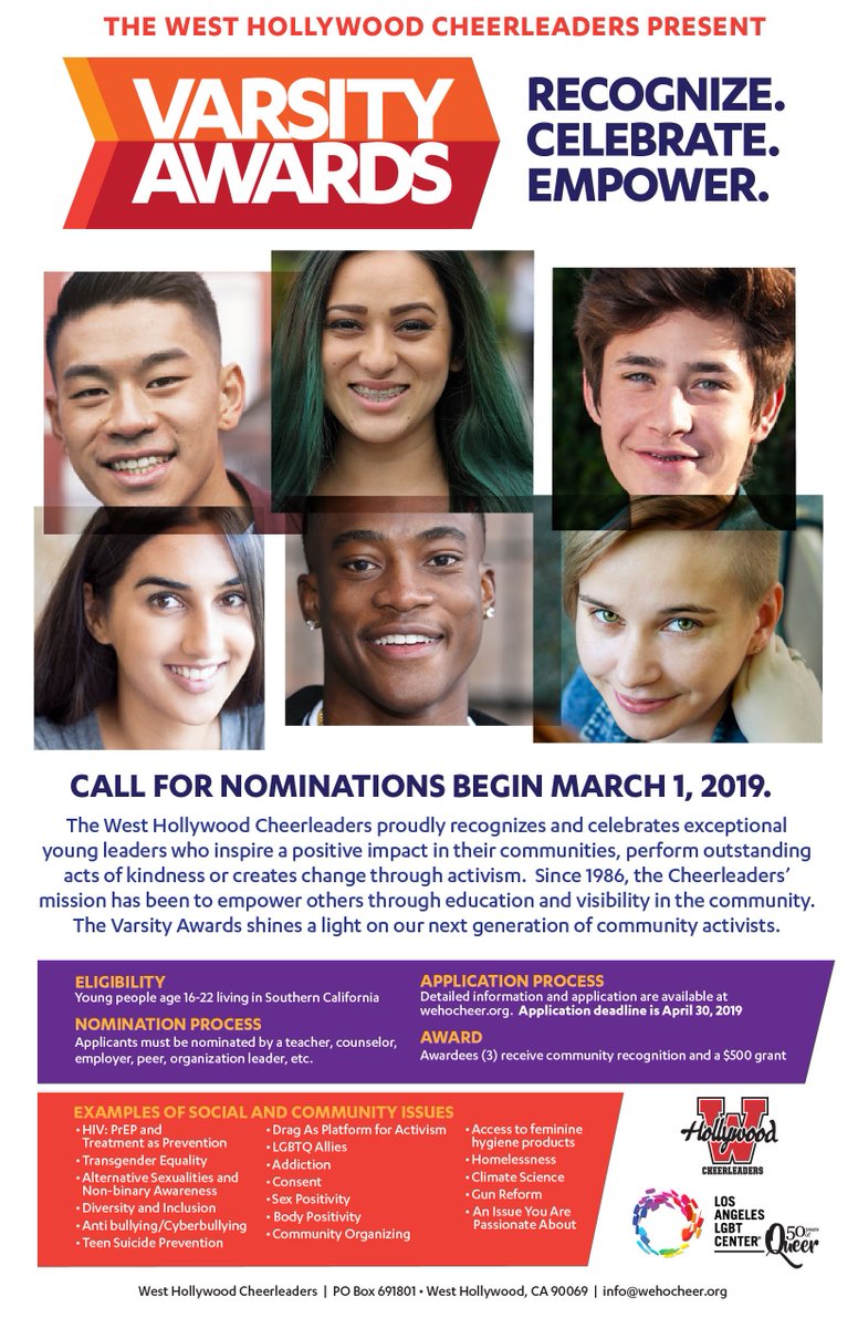 WHCheer1986's tweet photo. @The_SOH_LA @WHCheer1986 seek to recognize the next generation of young leaders that shine a light on the most critical challenges faced by young people today. Please spread the word. Visit https://t.co/CBY4je4llx for details. #varsityawards #nextgen #youngleaders #activism https://t.co/OX9xMjYCBK