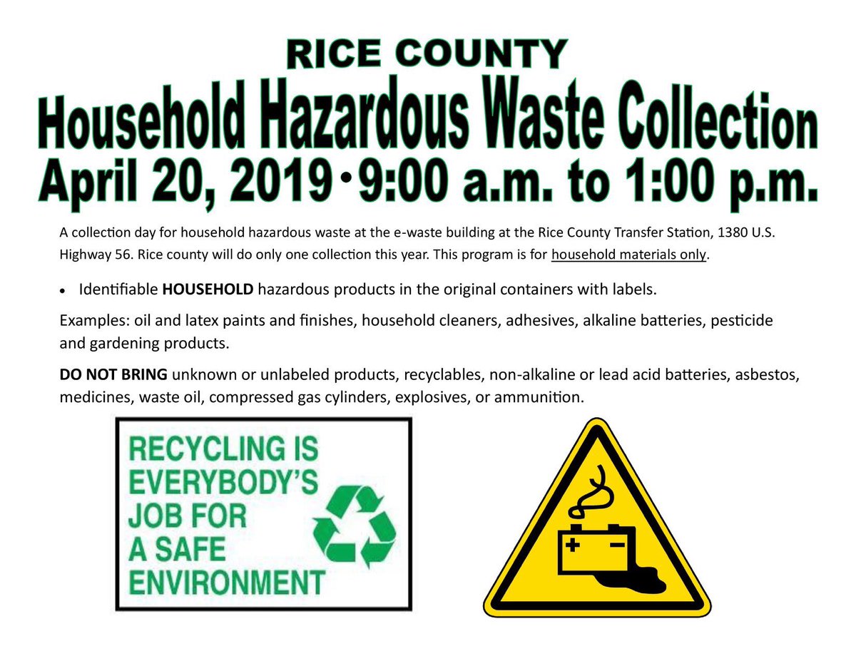 Collection day for household hazardous waste at the Rice County Landfill is coming up. Don't forget to mark your calendars!