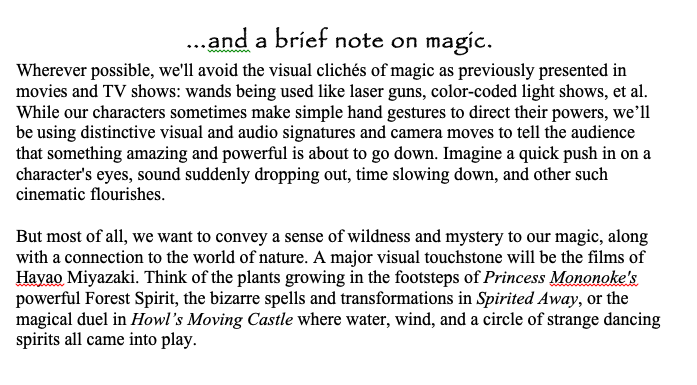 The section on tone is HUGELY important to the audience. Here's how I described the tone of my supernatural thriller for Skydance and Freeform, Iron Age (and how I described magic working!) No need to be fancy, just paint a picture for your readers!