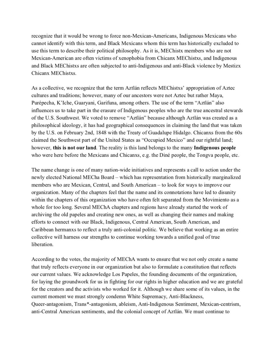 UOMecha's tweet photo. A statement from the newly elected national MEChA board regarding the name change of the organization. https://t.co/uU5uEHzL4x https://t.co/ZC4LA9MiJW