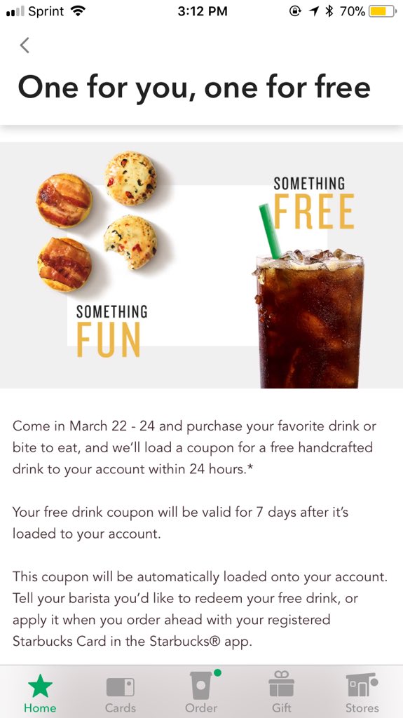 PowerofVito2's tweet photo. @Starbucks I never got my free drink loaded to my account and I made 2 purchases during this time frame. Could you please look into it? Thanks. https://t.co/rIQinUEXwD