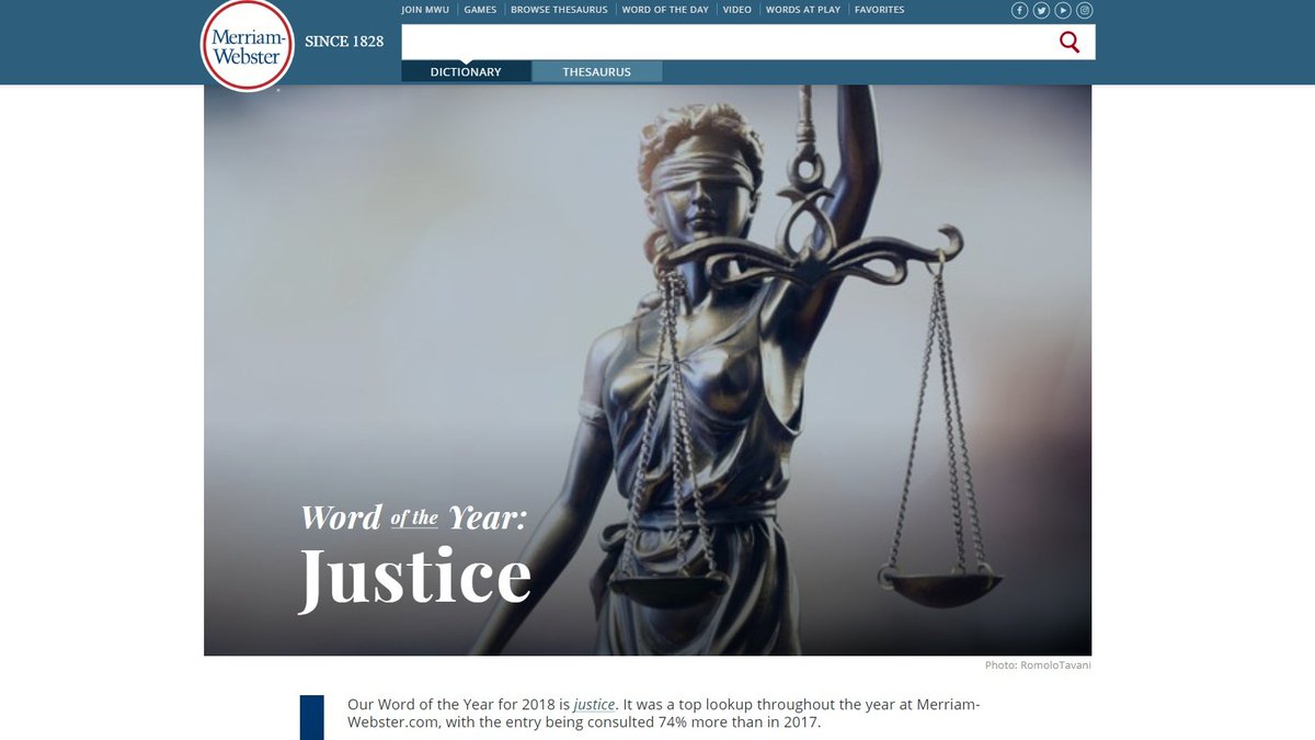 IRead_IListen's tweet photo. ⠀
ปีที่แล้ว Merriam-Webster dictionary ยกให้คำว่า Justice (n. ความยุติธรรม) เป็น #WordoftheYear2018 – มีการค้นหาคำศัพท์นี้ในเว็บไซต์ดิกฯออนไลน์สูงมากขึ้นถึง 74% เมื่อเทียบกับช่วงเวลาเดียวกันในปีที่แล้ว เนื่องจากมีการพูดถึงความยุติธรรมในหลากหลายแง่มุม #Justice https://t.co/Qly2hVGSCJ