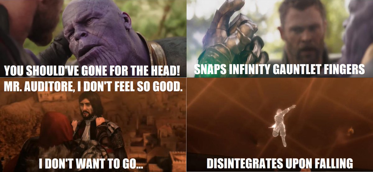AlMichaelLara's tweet photo. #AvengersInfinityWar #AssassinsCreed #CesareBorgia #disintegrationmeme #Ezio

Guys, Ezio didn't kill Cesare. It was Thanos that did it. What a twist! https://t.co/00yHBQeT3R