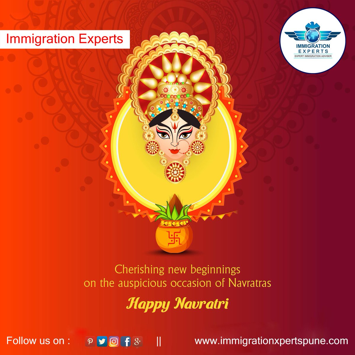 immixpertpune's tweet photo. May Goddess Durga illuminate your life with a countless sprinkle of happiness, wealth & good luck.
#HappyNavratri #ImmigrationExpertsPune https://t.co/1yZ4G71nU7