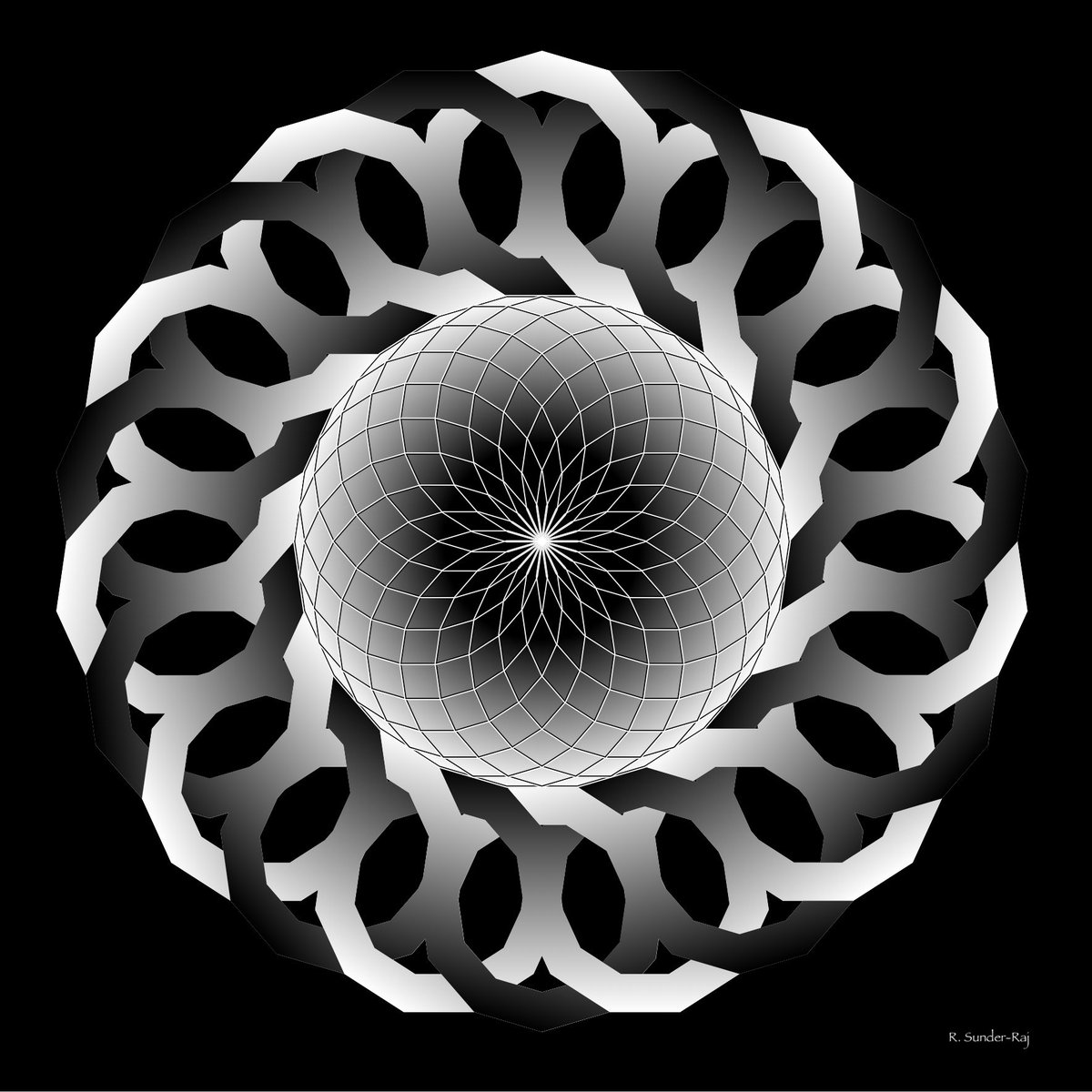 HypercubicPeg's tweet photo. @wasanp_ @RobFathauerArt @GirihApp Here is one where the 11-gons are outside the 22-fold rhombus rosette, but still touching it.

#mathart #mathsart #symmetry #rhombus #geometricart https://t.co/TINZAjo44V