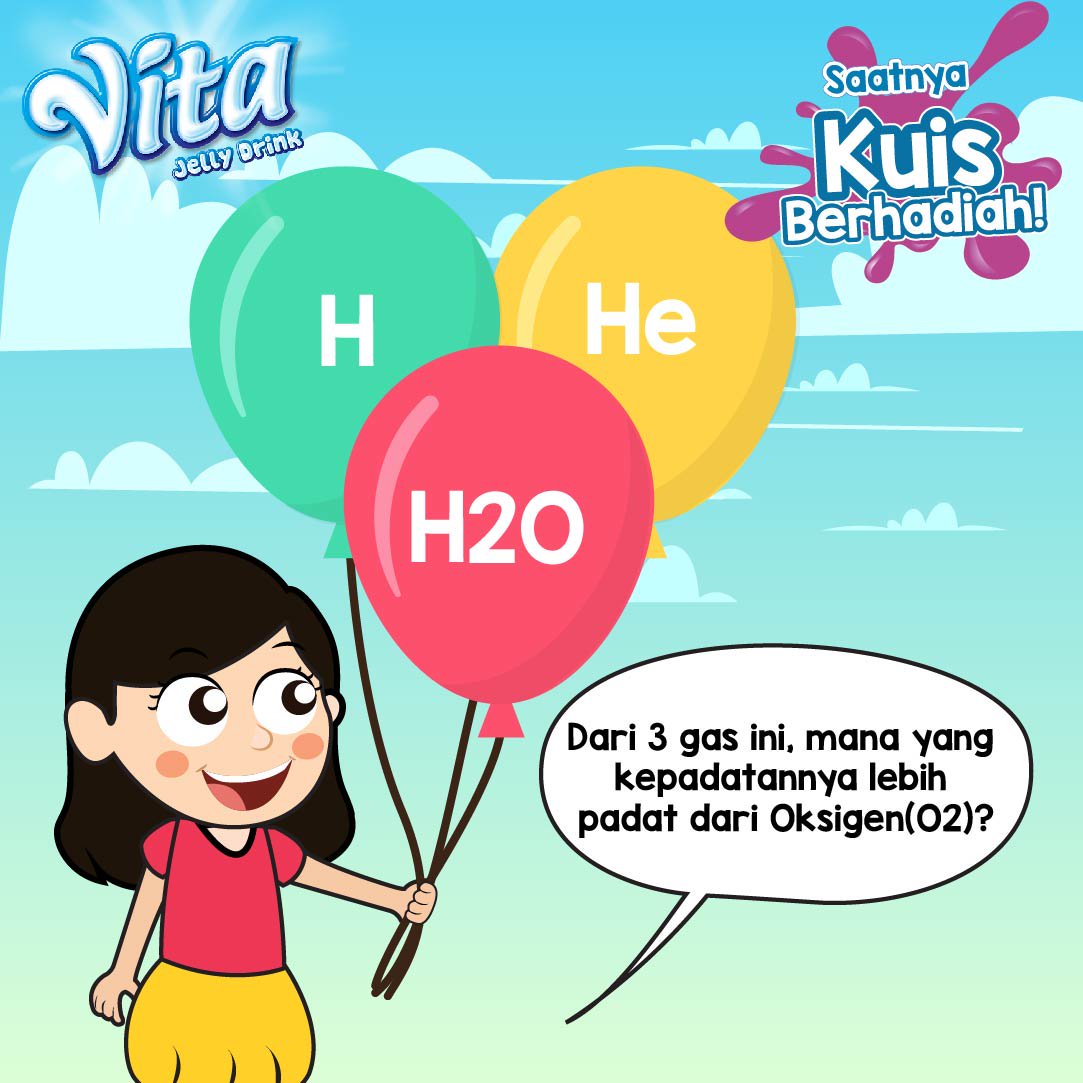 Saatnya #Vitaquiz berhadiah Teman Vita! Oksigen vital banget untuk kehidupan di Bumi. Selain oksigen, ada juga gas-gas lain di udara loh! Coba kamu lihat pada video, menurut kamu, gas mana yang tingkat kepadatannya lebih padat dari oksigen? Mention 3 sahabatmu u/ ikutan (1/2)
