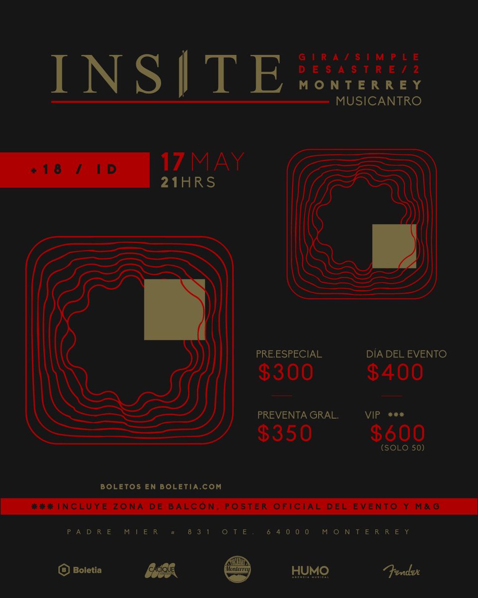 TocadasMty's tweet photo. Monterrey: ¿Quien ya tiene sus boletos para el concierto de @Rockinsite ? 🙋‍♂️
Nos vemos el próximo 17 de mayo en el #Musicantro 🤘 https://t.co/9cKUfz2sOc