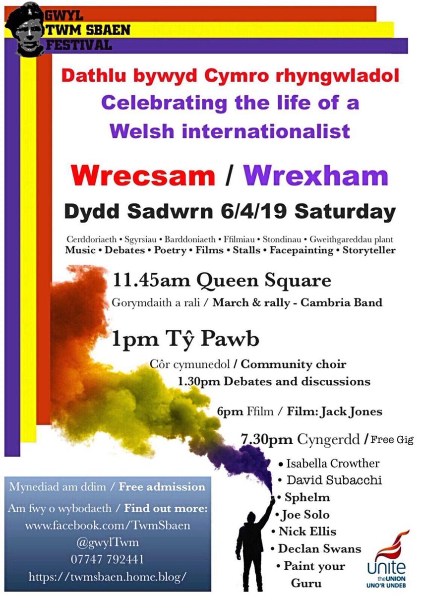 TODAY
The very first Twm Sbaen Festival!

11:45 Queen’s Square rally &amp; march 
13:30 onwards <a href="/TyPawb/">Tŷ Pawb</a> speakers 
18:00 film ‘Unsung Hero: The Jack Jones Story’
19:30 onwards gig:
<a href="/nickellis_music/">Nick Ellis</a> <a href="/DavidSubacchi/">David Subacchi</a> <a href="/sphelmmusic/">Sphelm</a> <a href="/joesolomusic/">Joe Solo ✊❤️👊</a> <a href="/isabellacmusic/">Isabella Crowther</a> 

Supported by <a href="/UniteWales/">UniteWales</a>