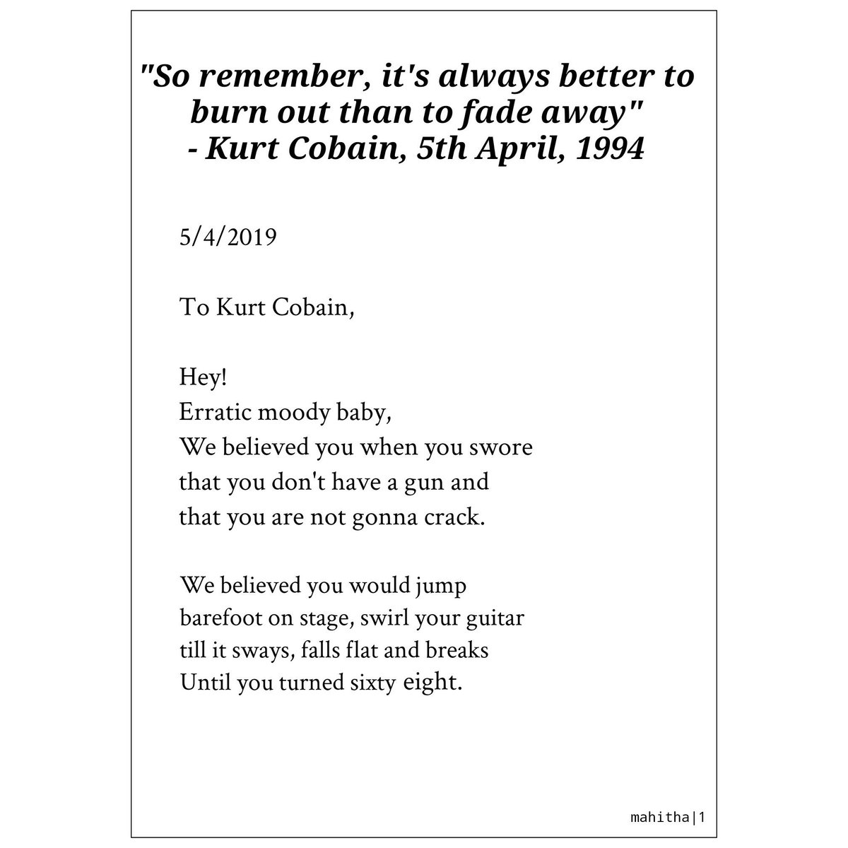 MahithaKReddy's tweet photo. A tribute to #KurtCobain on his 25th death anniversary #grunge #altpop #nirvana #nevermind #poetry #napowrimo #day5 #glopowrimo https://t.co/MaFIp49RNc