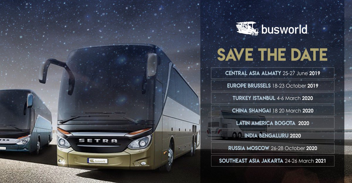 busworld's tweet photo. Busworld is coming to you! Get ready to experience the latest novelties in the market!
Save the dates in your agenda of the upcoming exhibitions.
.
.
#Busworld #BusworldCentralAsia #BusworldChina #BusworldLatinAmerica #BusworldEurope #BusworldRussia #BusworldSouthEastAsia https://t.co/nUMNqo1Vr7