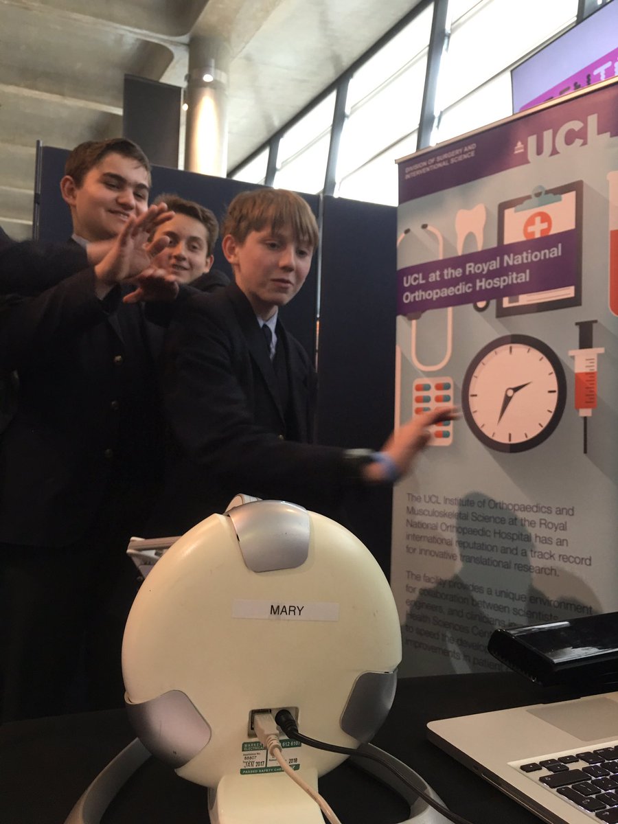 UCLAspireCreate's tweet photo. Thanks @maggiephilbin we enjoyed being part @teentechevent showing our bionic limbs, VR &amp; “Mary” the robotic bell that helps patients recover from injury.  We look forward to seeing you at the Stanmore campus open day 18th May! @RNOHnhs @UCLDivofSurgery @Health_Eng @AspireCharity https://t.co/LlFDn8Ywn9