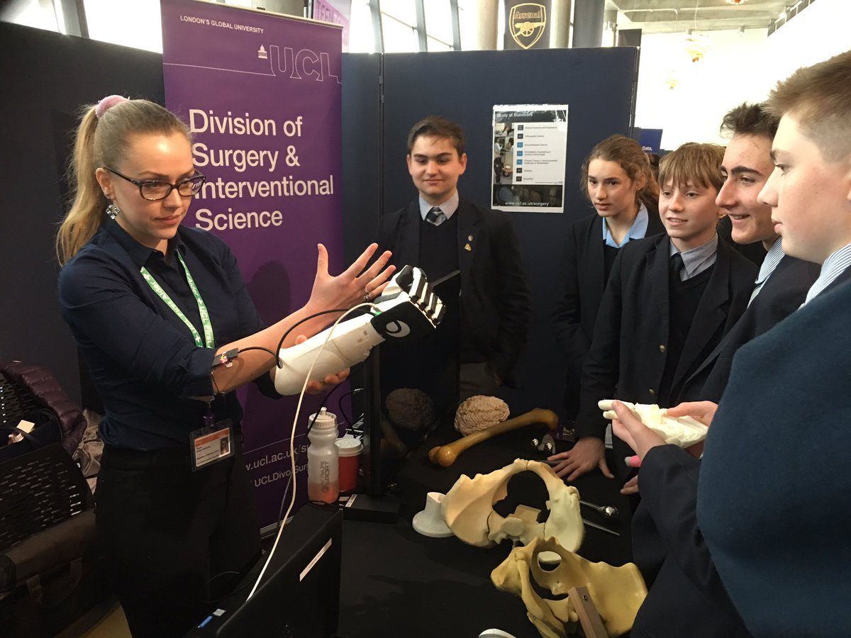 UCLAspireCreate's tweet photo. Thanks @maggiephilbin we enjoyed being part @teentechevent showing our bionic limbs, VR &amp; “Mary” the robotic bell that helps patients recover from injury.  We look forward to seeing you at the Stanmore campus open day 18th May! @RNOHnhs @UCLDivofSurgery @Health_Eng @AspireCharity https://t.co/LlFDn8Ywn9