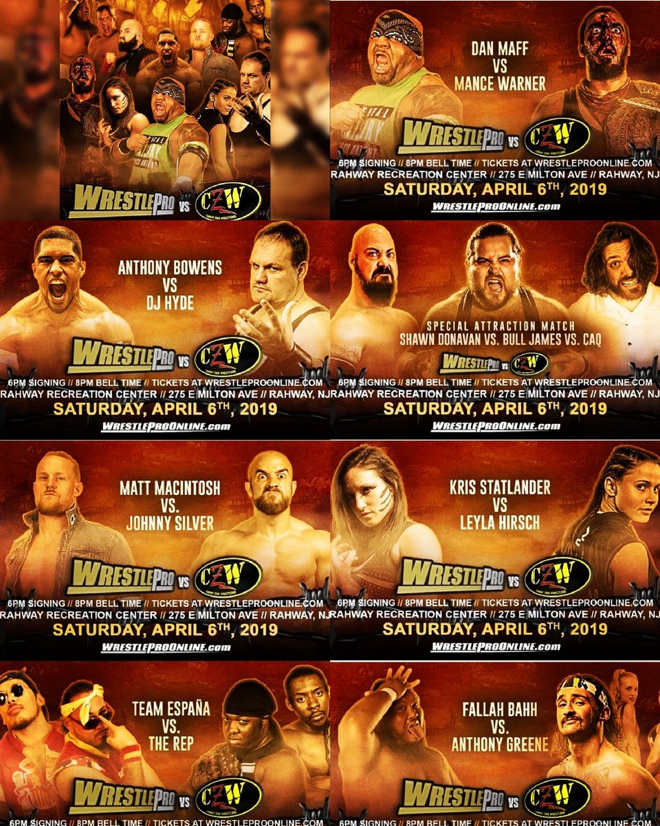 Wrestlepro vs CZW tonight April 6th 2019 doors at 6pm bell at 8pm at the Rahway rec center
#wrestling #prowrestling #rahwayreccenter #rahway #wrestlemaniaweek #wrestlemaniaweekend #wrestlepro #wearewrestlepro #czw #combatzonewrestling