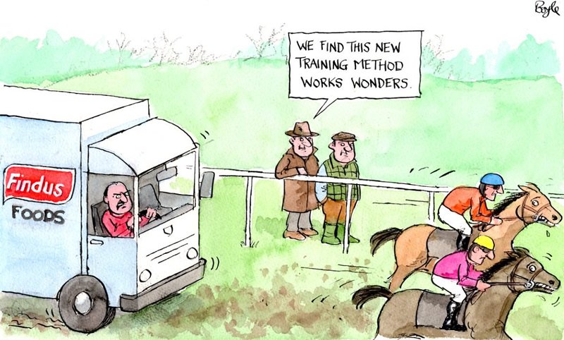 Cartoon from @edinburghpaper on the 2013 Findus horsemeat scandal. Up to 100% of meat used in #Findus beef lasagne was found to be #horsemeat   #HorseRacing #GrandNationalDay
