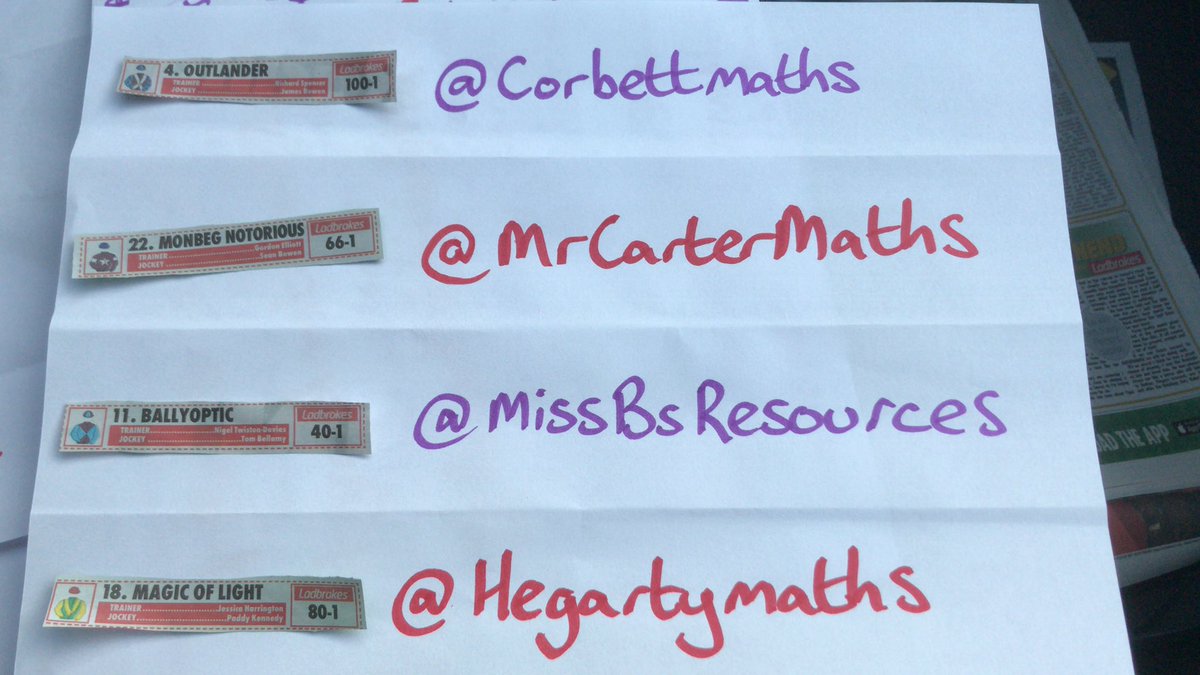 RJS2212's tweet image. Time for the draw #MathsGrandNational2019 #MathsSweepStake @Corbettmaths @MrCarterMaths @MissBsResources @hegartymaths