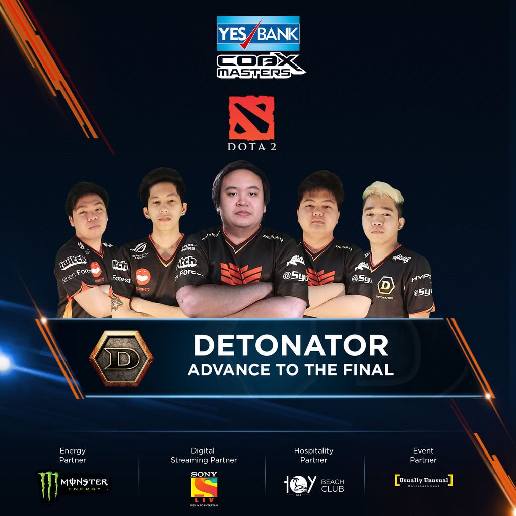 CobxGaming's tweet photo. Detonators move on to the Dota 2 Grand Final after they take down Exclamation Mark who put up great fight! Congratulations to them!

#YesBankCobxMasters #SonyLIV #MonsterEnergyIndia #DOTA2 https://t.co/Qk9EFn3MHd
