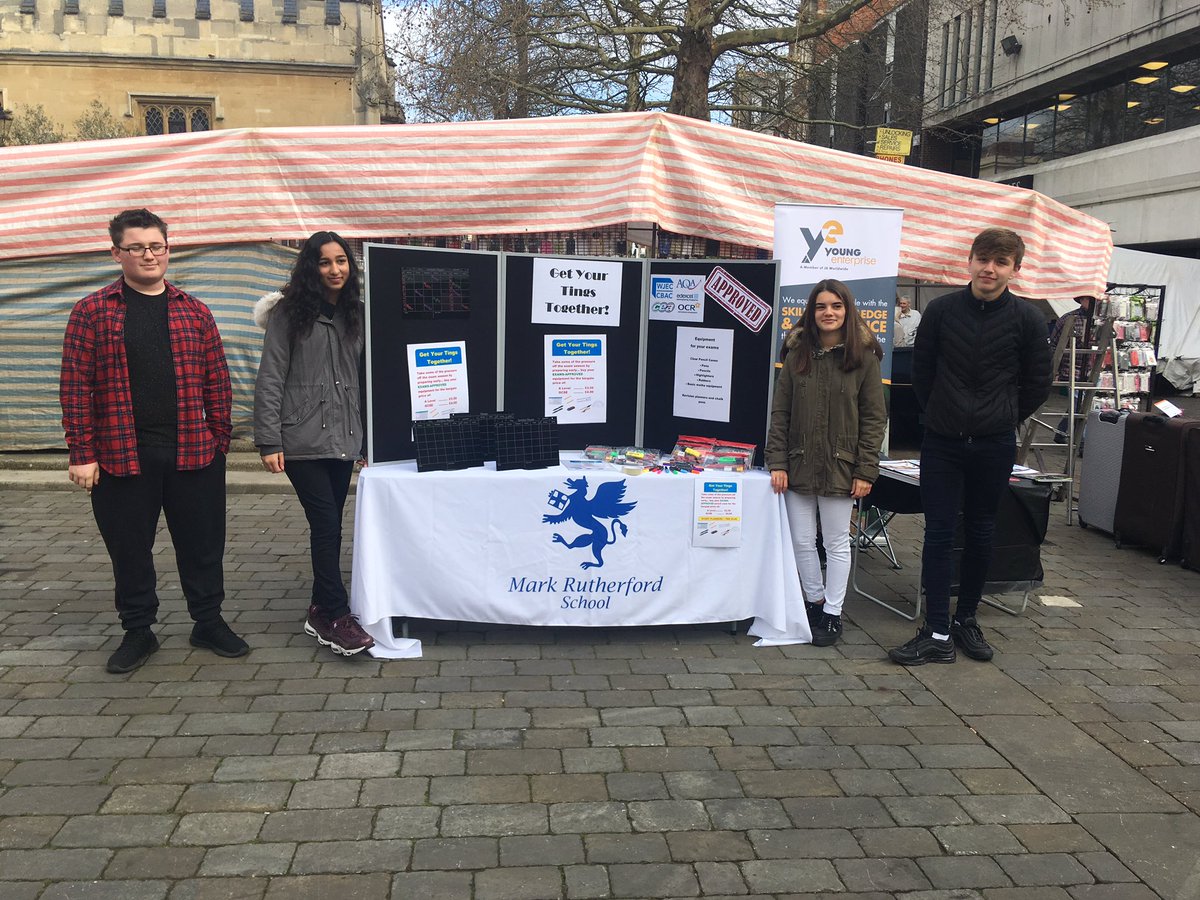 Business_MRS's tweet photo. The Young Enterprise team all ready to sell. Remember to pop by and see them in town outside the Harpur Centre and get your Exam Approved pencil courses and revision planners. #getyourtingstogether https://t.co/6rfXzhbFuv