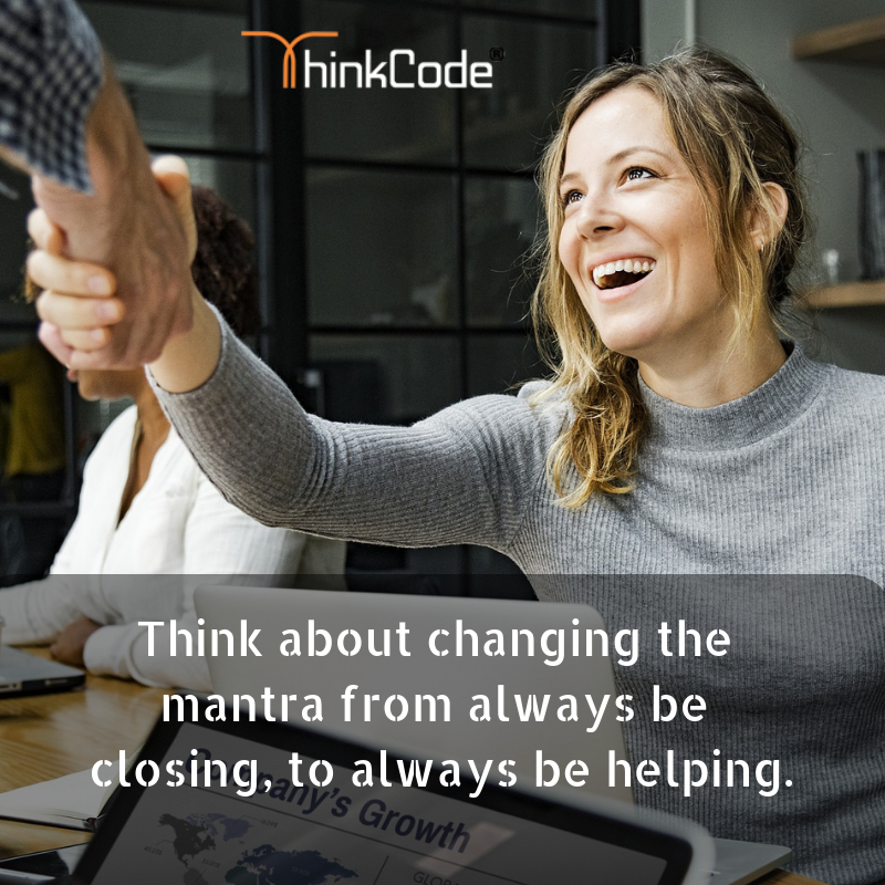 thinkcode_india's tweet photo. Think about changing the mantra from always be closing,
to always be helping.
#Think #Helping #DigitalTransformation #digitalmarketing #ThinkCode
For more information : https://t.co/gQFnDeDqeI https://t.co/h8Ww8WNJvi