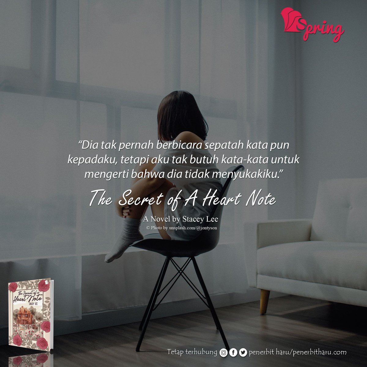 penerbitspring's tweet photo. "Dia tidak pernah berbicara sepatah kata pun kepadaku, tetapi aku tidak butuh kata-kata untuk mengerti bahwa dia tidak menyukaiku."

#TheSecretOfAHeartNote, A Novel By #StaceyLee
#PenerbitSpring 
#MySpringStory 
#quoteoftheday 
#quotes 
#NovelRemaja 
#NovelTerjemahan https://t.co/hWCo7ypndg