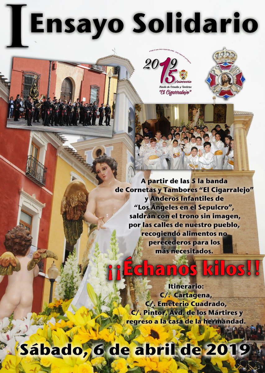 BCigarralejo's tweet photo. Ayudemos a los más necesitados, pongamos todos un granito de arena y disfrutemos de la ilusión de los niños por la Semana Santa.

Esta tarde, a las 17:00h, nos vemos por las calles de Mula.

#EnsayoSolidario #LosÁngelesEnElSepulcro
#SuenaElCigarralejo #XVAniversarioElCigarralejo https://t.co/3W3YcfCxlh