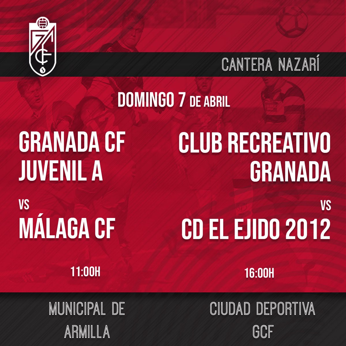 🔴⚪️  Doble cita este domingo crucial para nuestra cantera:

- El #GCFJuvenil acaricia una ocasión histórica. 

- El #RecreativoGranada lucha por ganar a un rival por la permanencia. 

Ven y apoya al futuro del #Granada. Anima a la #CanteraNazarí