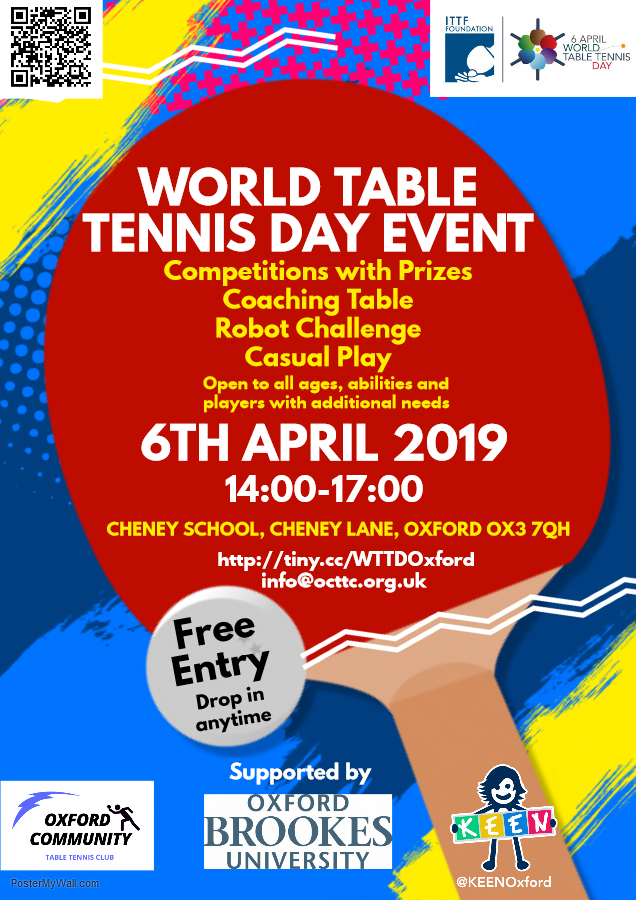 Looking forward to our free inclusive World Table Tennis event <a href="/Cheney_School/">Cheney School</a> this afternoon. All ages and abilities welcome so drop in and join us! #WorldTableTennisDay