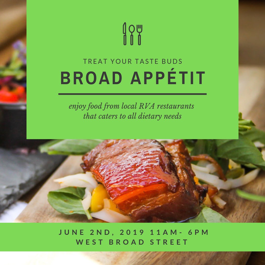 RVAHealthyLivin's tweet photo. Mark your calendars! #BroadAppetit is coming back to Broad street & will be featuring food for all dietary preferences/needs. See you there! #RVADiets #rvafood https://t.co/YYcEHWwsEw
