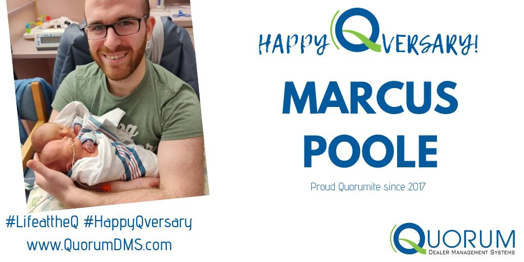 QuorumDMS's tweet photo. It's a 2nd year Qversary for Marcus and his first Qversary as a proud papa of twins!  Look at that smile!  Happy Qversary Marcus - we are so happy to have you on our team! #HappyQversary #QuorumDMS #LifeattheQ https://t.co/ZhLMJVlhbx https://t.co/CJl4RiQPCN