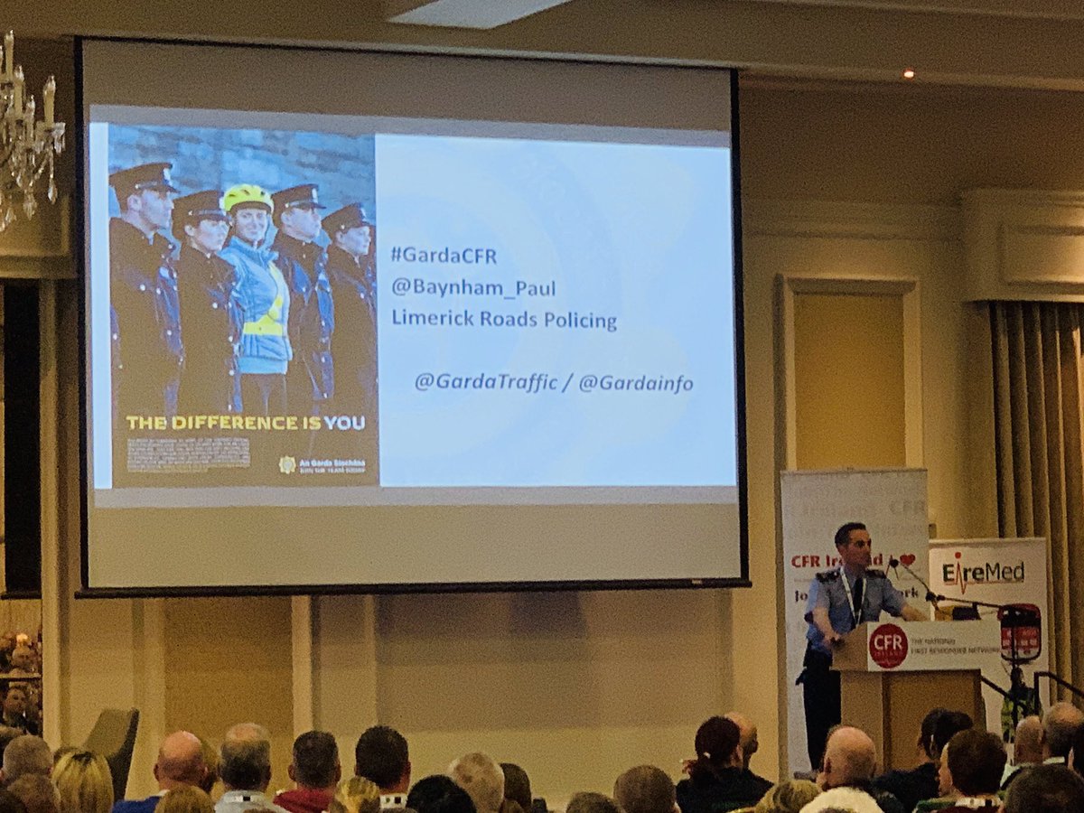 PHECCEMTCPC's tweet photo. Garda @Baynham_Paul from Limerick Roads Policing Unit wrapping up his talk on Garda CFR groups. A fantastic initiative with Garda EMTs and CFRs providing critical care to their communities.

#Respond2019 @CFRIreland @GardaTraffic https://t.co/dDwg4LqSOO
