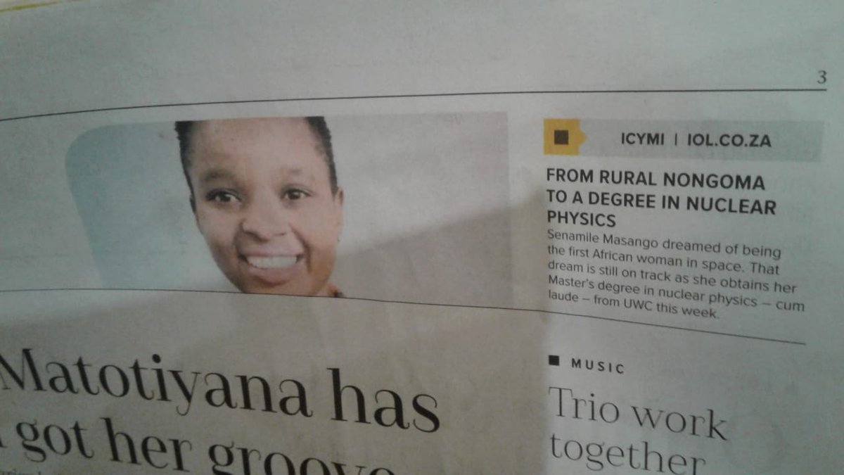 TrevorCageWeb3's tweet photo. From rural Nongoma to a Degree in nuclear physics passed with Distinction #Weekendargus today's paper.
#UWCAprilGrad2019
#womeninscience
#blackgirlmagic https://t.co/aakNNL6Z2h