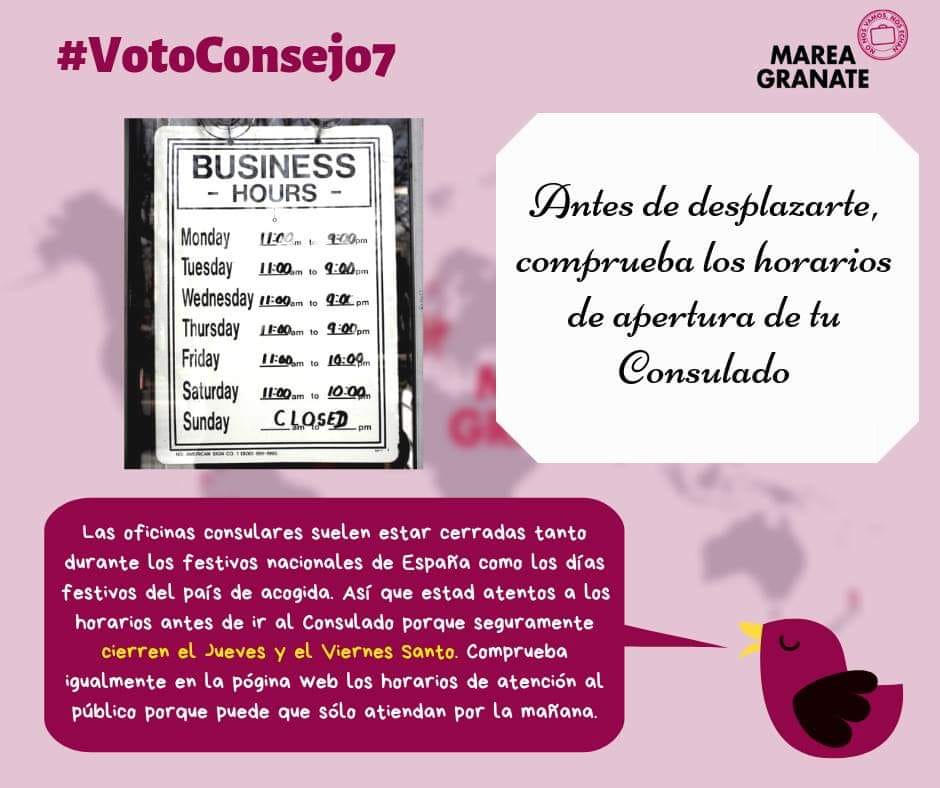 #VotoConsejo7: atención a los horarios de las oficinas consulares en este período de ruego. Son vacaciones en España🏖️ y en muchos otros países, aseguraos de que el consulado está abierto y de los horarios⏳ que tiene de atención al público.
#VotoRogadoVotoRobado #Elecciones26M🗳️