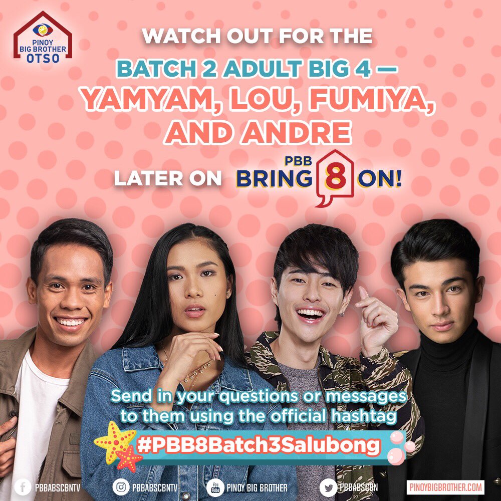 PBBabscbn's tweet photo. Tuloy-tuloy ang kasiyahan! 🙌🏻🎊 Makakasama natin muli ang Adult Big 4 na sina @gucong_yamyam, @louyanong, @fumfumfum3 at @itsdredesu mamaya sa PBB Bring 8 On! ✨ Stay tuned, Team Online! 😉 #PBB8Batch3Salubong https://t.co/bNR4UpPm15